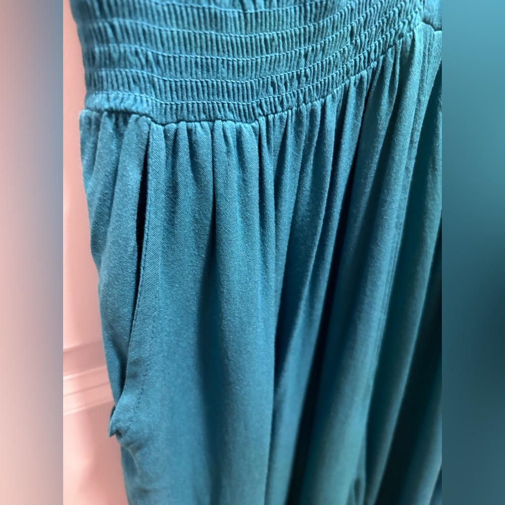 Patrons of Peace Wide Leg Jumpsuit deep V Neck Smocked Pockets Teal Green - Picture 7 of 14